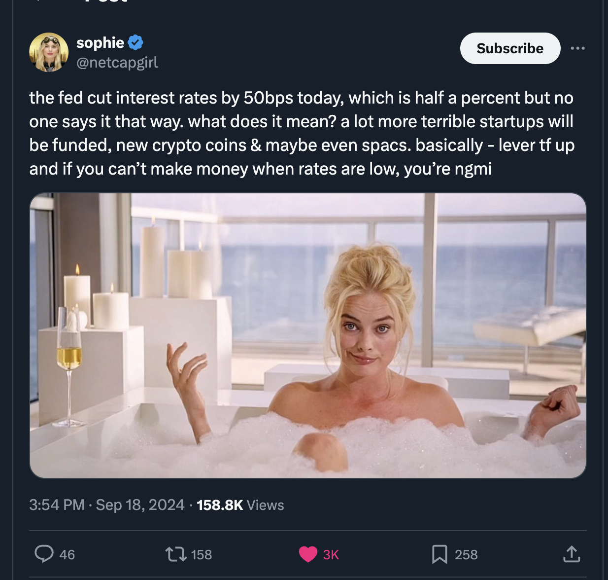 bathtub - sophie Subscribe the fed cut interest rates by 50bps today, which is half a percent but no one says it that way. what does it mean? a lot more terrible startups will be funded, new crypto coins & maybe even spacs. basically lever tf up and if yo